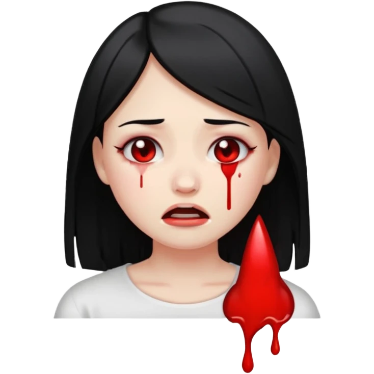 close-up face of pale girl with black straight hair, crying blood, emoji style emoji