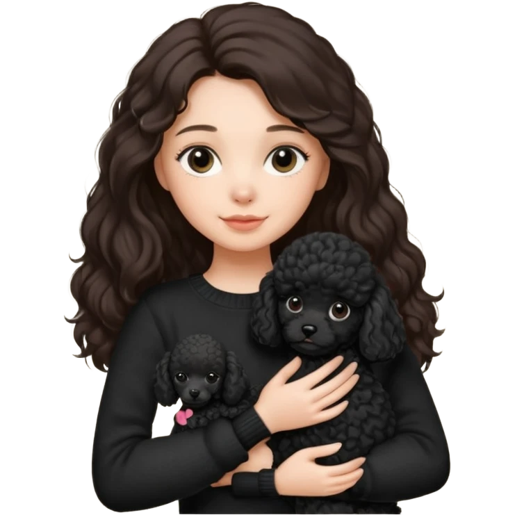 One Brunette girl with long hair in a black sweater holds a single black Poodle puppy in her arms emoji