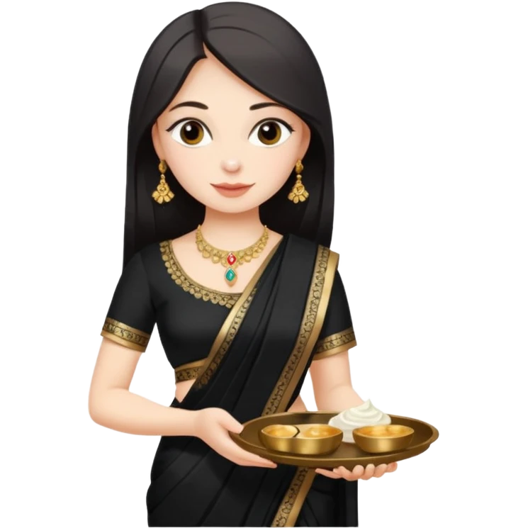 Russian girl in Indian black saree with full image from head to leg and holding a cream colour small tray in her both hands emoji