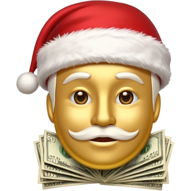 A confident rich emoji face wearing a Santa hat, money stacks, casino vibe, New Year theme, premium 3D emoji style, sharp details, no text, isolated on transparent background emoji