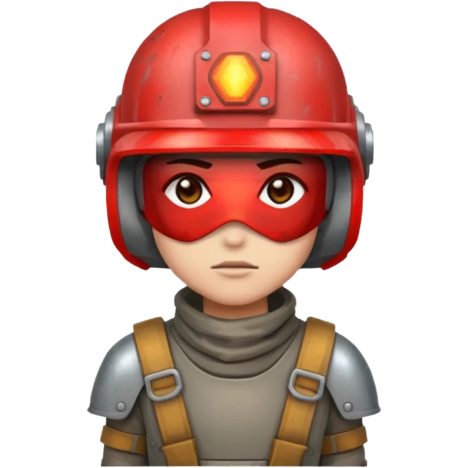 A tiny 2D pixel-art human survivor, wearing a grey scrap-metal helmet, red glowing visor, post-apocalyptic style, standing forward emoji. emoji