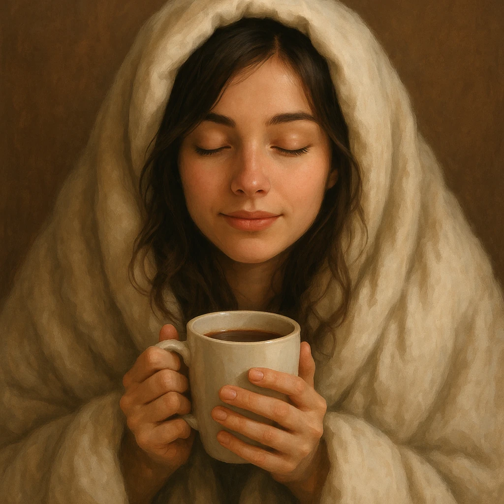 girl inside a blanket sipping coffee, eyes closed, style 1 emoji