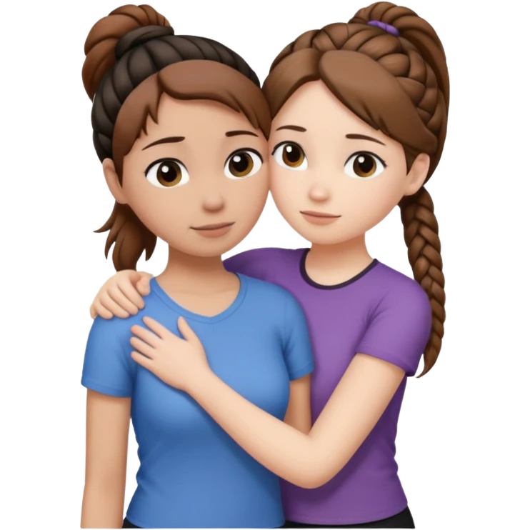Comforting Hug two white skin women, one shorter woman with brown simple top ponytail, not braided, and one taller woman with a single long black side braid emoji