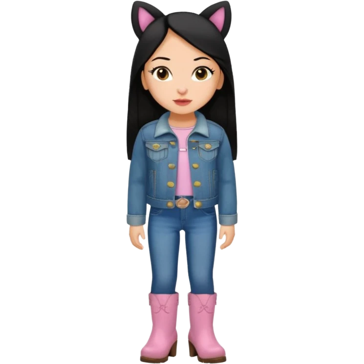 Gordita, ojos pequeños de color cafe oscuro, labios pequeños y rosados, piel trigueña, orejas pequeñas, cabello largo lazio y negro, pequeña. cuerpo completo. vestida con saco de lana jean y botas color café. No le pongas orejas emoji
