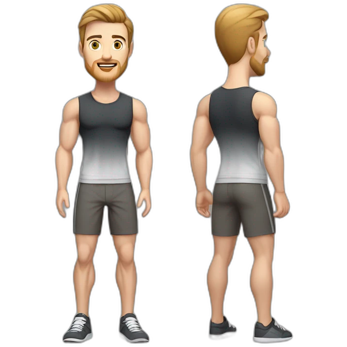 Full height Pale skinned muscular man With Realistic eyes and mouth, light brown hair and stubble In dark gray sleeveless mike, black oversize sports shorts, watch and white sneakers. emoji