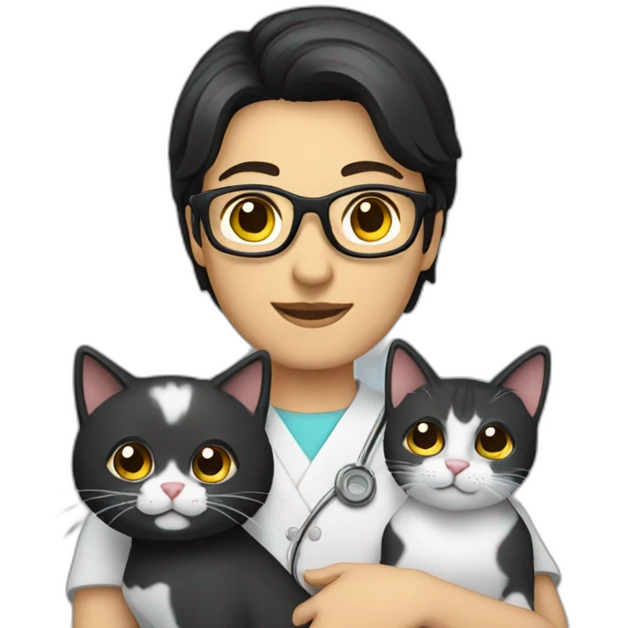 dark-haired vet with glasses holding a cat emoji
