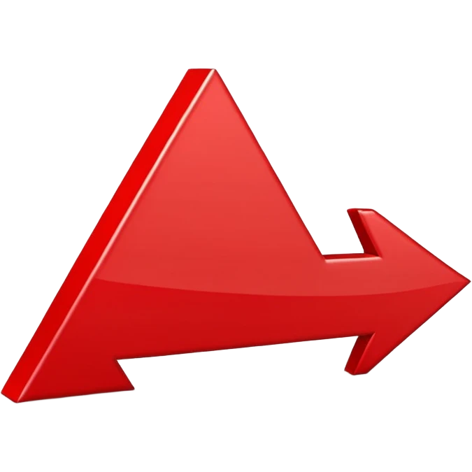 iOS-style 3D emoji: upward-pointing arrow with a zigzag line chart shape, glossy red surface, thick beveled edges, soft shadow, no text, no face emoji