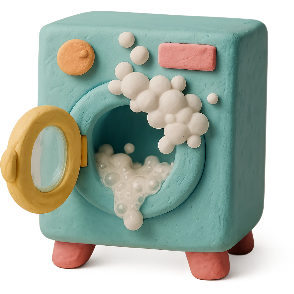 playful washing machine in claymation style with bubbly soap and open door, pastel colors emoji