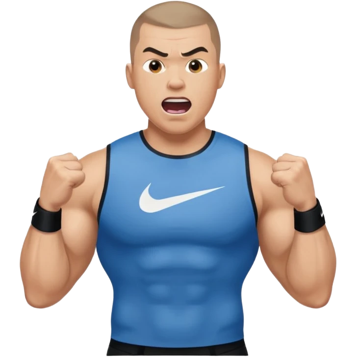 Big muscle man shouting , buzzcut hair, waering compress shirt nike emoji
