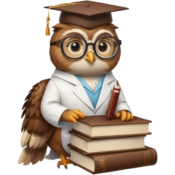 Wise owl with glasses, wearing a lab coat, perched on a stack of books. emoji