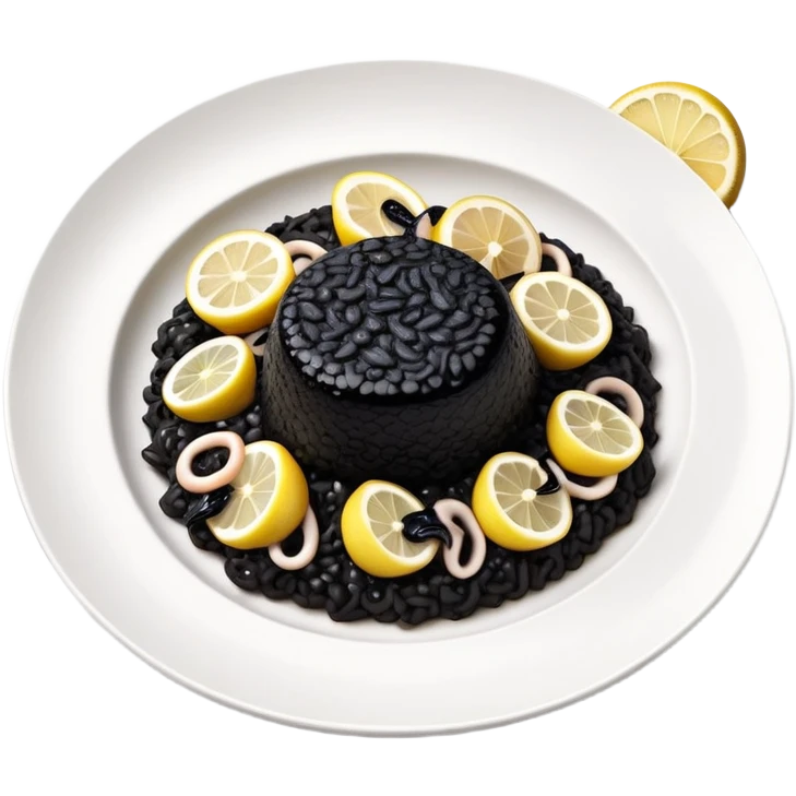 cinematic-realistic-black-risotto-dish,-showcasing-small squid pieces-rendered-with-bold-textures-and-dynamic,-dramatic-lighting in a white plate with a grilled lemon on top emoji