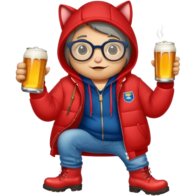 Catfish in red winter jacket with hood, round glasses, blue jeans, red boots, holding a beer can with red label emoji