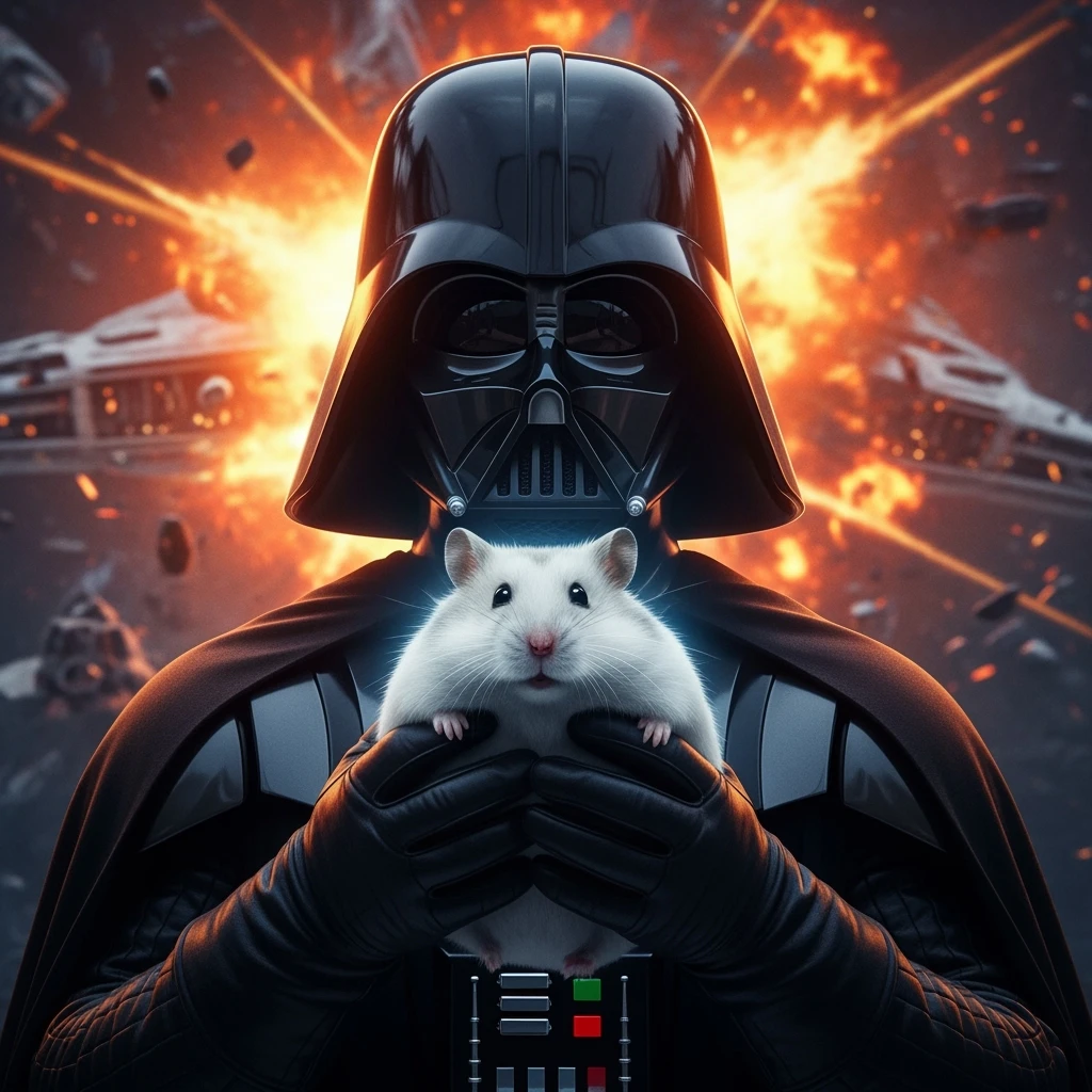 Cinematic still, Extreme Closeup Photo of a darth vader holding big hamster, low key light, explosion startship background with leading lines, back light, spot light emoji