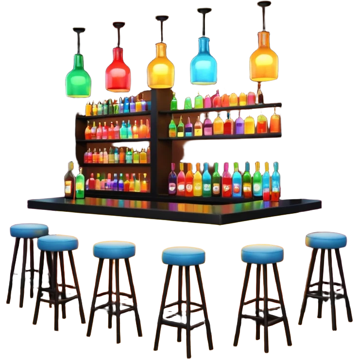 A 3D cartoon bar interior with a counter, glowing shelves of colorful bottles, tall stools, and hanging lights, warm ambient lighting, realistic reflections, Memoji-style. Photo Frame. Negative : Transparent. emoji
