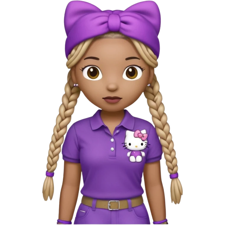 hello kitty wearing purple polo shirt and kyaki pants with long box braids emoji