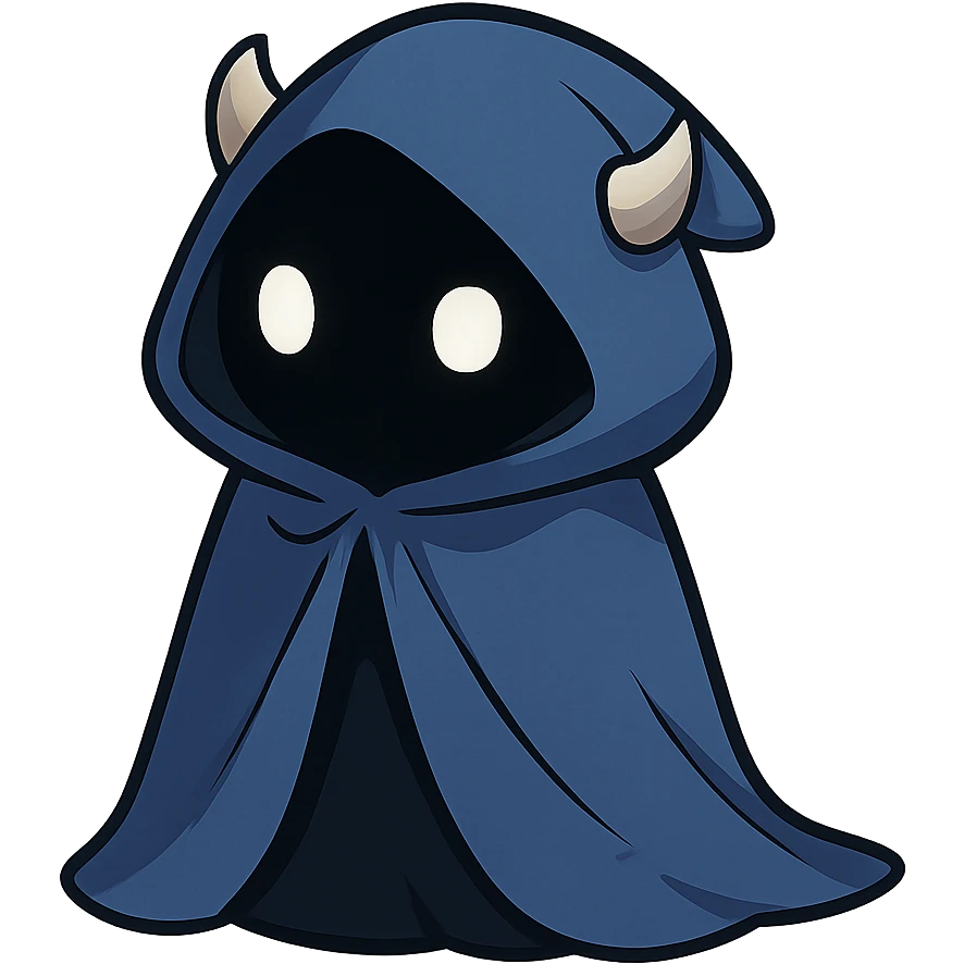 character with a blue cloak, black body, white eyes, small horns under the hood, looking cute and mysterious emoji