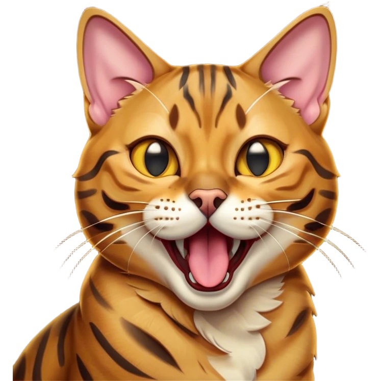 Cinematic Comical Bengal Cat Portrait Emoji, Head tilted dramatically while yawning exaggeratedly, sleek spotted brown and gold fur, Simplified yet hilariously adorable features, highly detailed, glowing with an almost sarcastic glow, high shine, a mix of lazy and curious, stylized with a touch of playful whimsy, bright and alert but with a comical expression, soft glowing outline, capturing the essence of a mischievous yet overly dramatic kitten, so funny it feels like it could leap off the screen and sassily demand attention! emoji