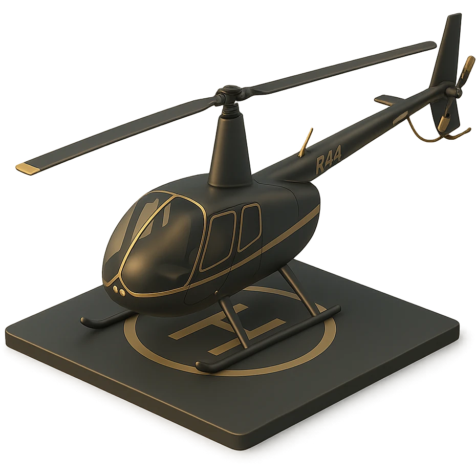 a Robinson helicopter, landing on a helipad, 3D black style emoji