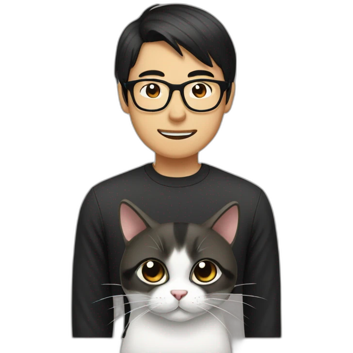 round tan bespectacled Asian Man with black neck length hair and a black and white cat emoji