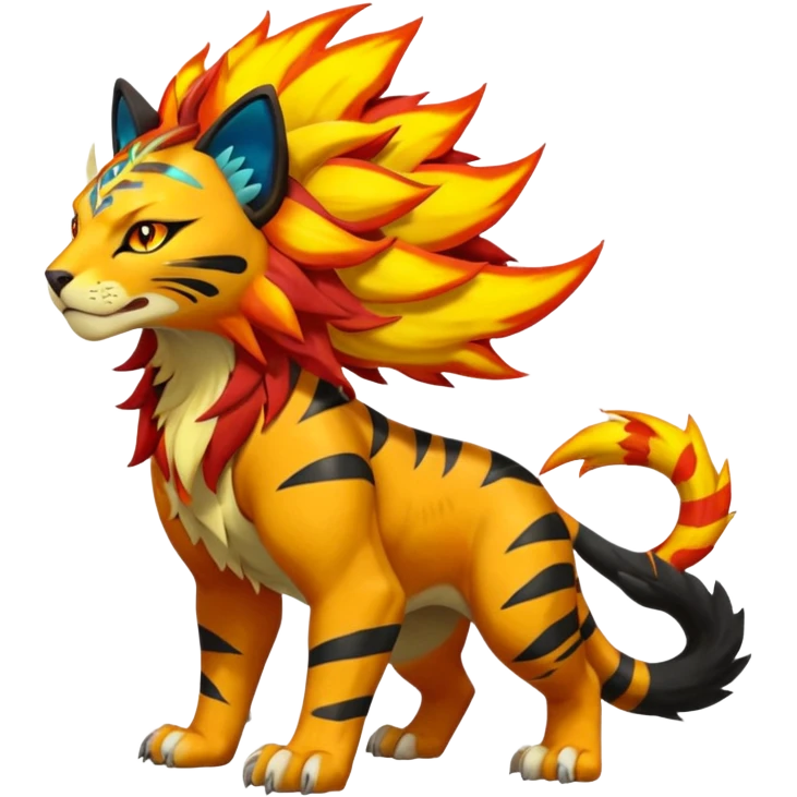 Volcanic Fiery Colorful exotic dark-colored, vibrant, golden, burning, badass, cool, realistic Pyroar-Sprigatito-Torracat-Luxray-Tigress-Solgaleo-Liger-Hybrid-Fakemon-Creature (full body) emoji