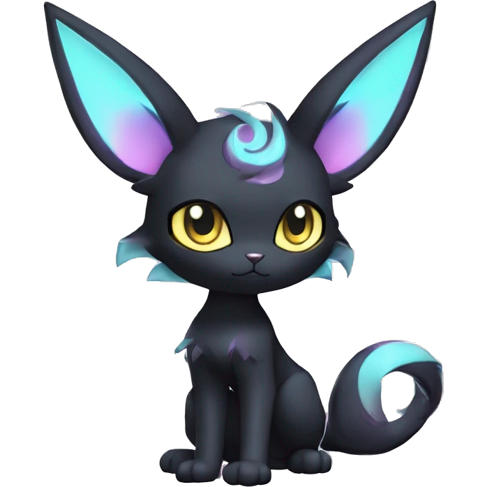 Shiny Cool Edgy pastel Black beautiful ethereal fantasy Kawaii Sona Umbreon-Espeon-Litten-Fakemon-cat-animal with edgy bat-ears black mane vtuber model Full Body emoji