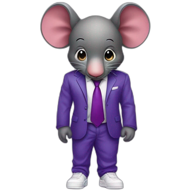 raton tipo real gigante de cuerpo entero con traje de etiqueta y tenis jordan air force y orejas de elefante morado emoji