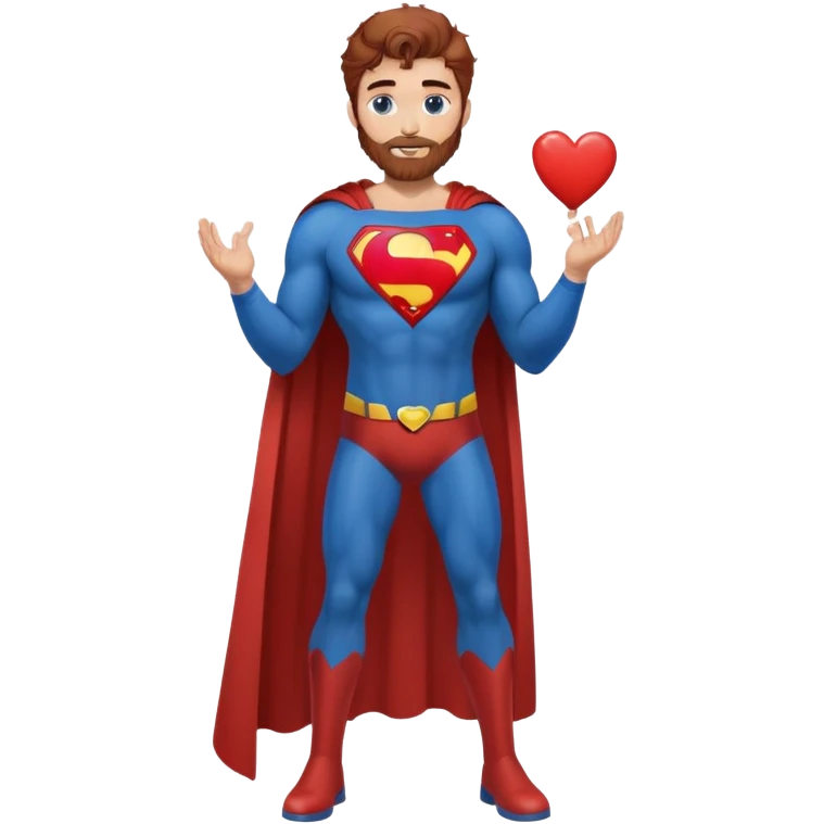 Adult-tall-full body- Superman-with redish brownish messy hair-full neatly trimmed beard-blue eyes-holding a heart with both hands emoji