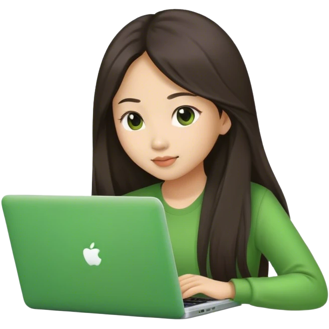 Long hair asian woman working on green laptop emoji