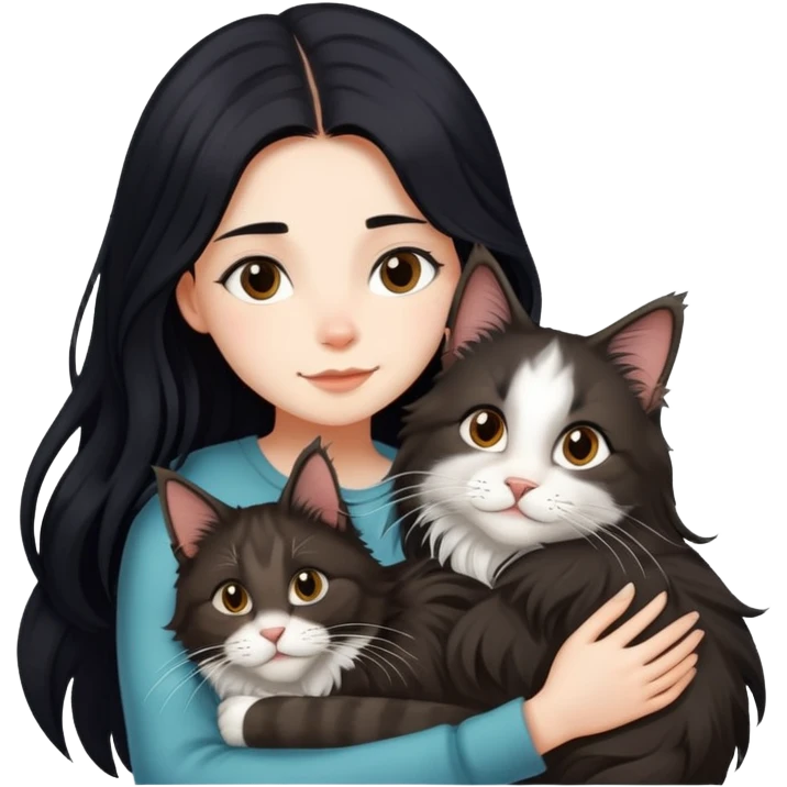 A girl with long black  hair tightly hugged a Maine coon emoji