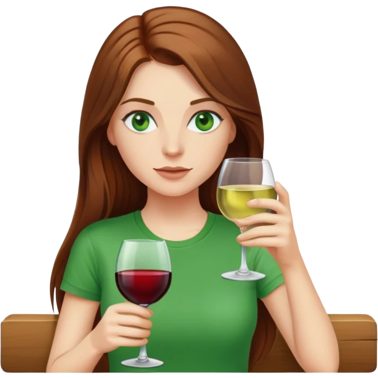 Long brown hair white female emoji drinking a glass of wine wearing a t shirt green eyes emoji
