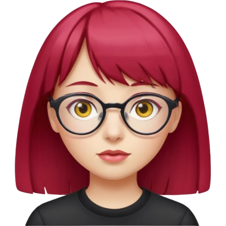 Menina com cabelos vermelho Cherry, liso com franja,olho direito rosa e olho esquerdo amarelo,pele clara e com oculos  emoji
