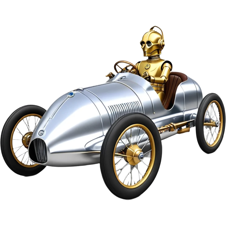  1949 luxury racing C-3PO Rolls Royce lowered powerful 4 cylinder engined silver ghost racing cyclekart with advanced rugged independent suspension, power steering, disc brakes and small leather covered steering wheel  emoji