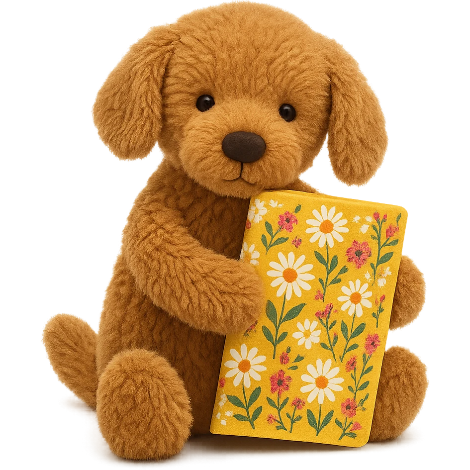 Jellycat style brown golden retriever puppy holding a yellow floral journal  emoji