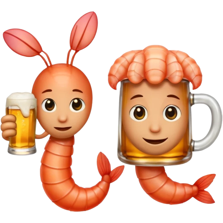 Design a trendy emoji-style illustration of two shrimp peeking from behind text, only half of their bodies visible, curious and playful expressions.
One shrimp holding a beer mug, the other pointing forward.
 emoji