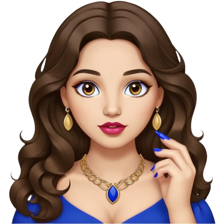 Light skinned girl, long wavy dark natural brown hair center-part with face framing pieces, big hazel eyes, small gold necklace, royal blue top, prominent blush, big lips, fancy long acrylic nails done, holding lipstick. She is curvy emoji