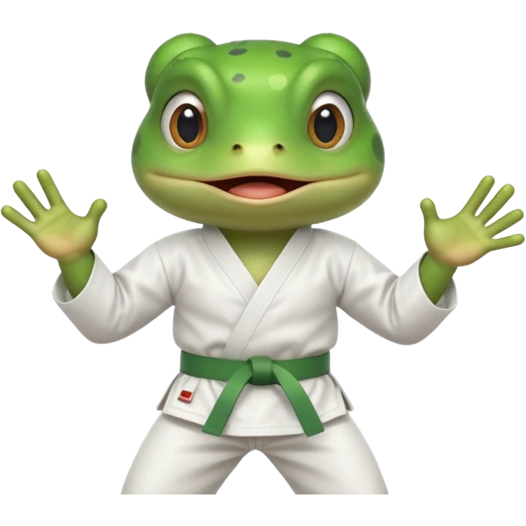 cute frog doing karate portrait, head and shoulders only, wearing white gi uniform, green belt visible, funny serious face, 3D cartoon, mobile game icon style, clean background, no text, no watermark
 emoji