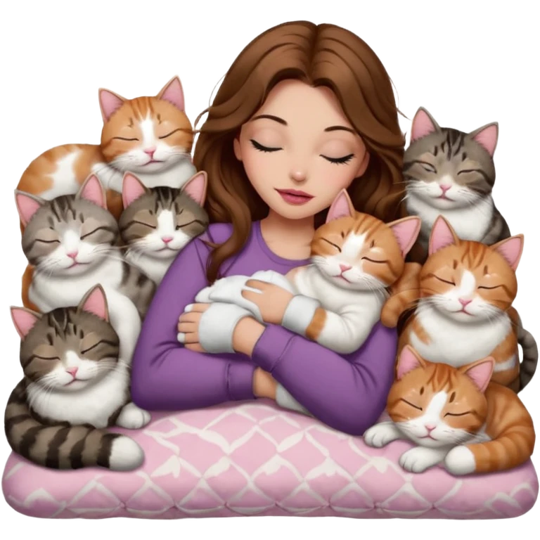 girl with long wavy brown hair, brown eyes, long lashes makeup, sexy pink lips, light to medium complexion,  sleeping on a cozy pillow, with 6 cats: 1 brown and white tabby cat, 1 ginger and white, 2 grey and white, 1 grey with white mittens and small white patch on chest and 1 calico, sleeping emoji