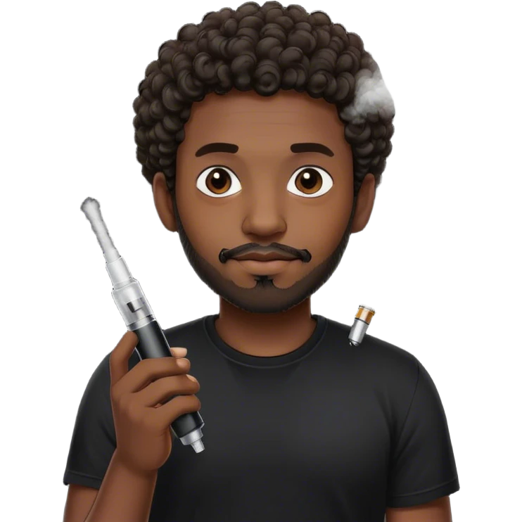 dark black guy, short curly hair, facial hair, holding vape, black shirt  emoji