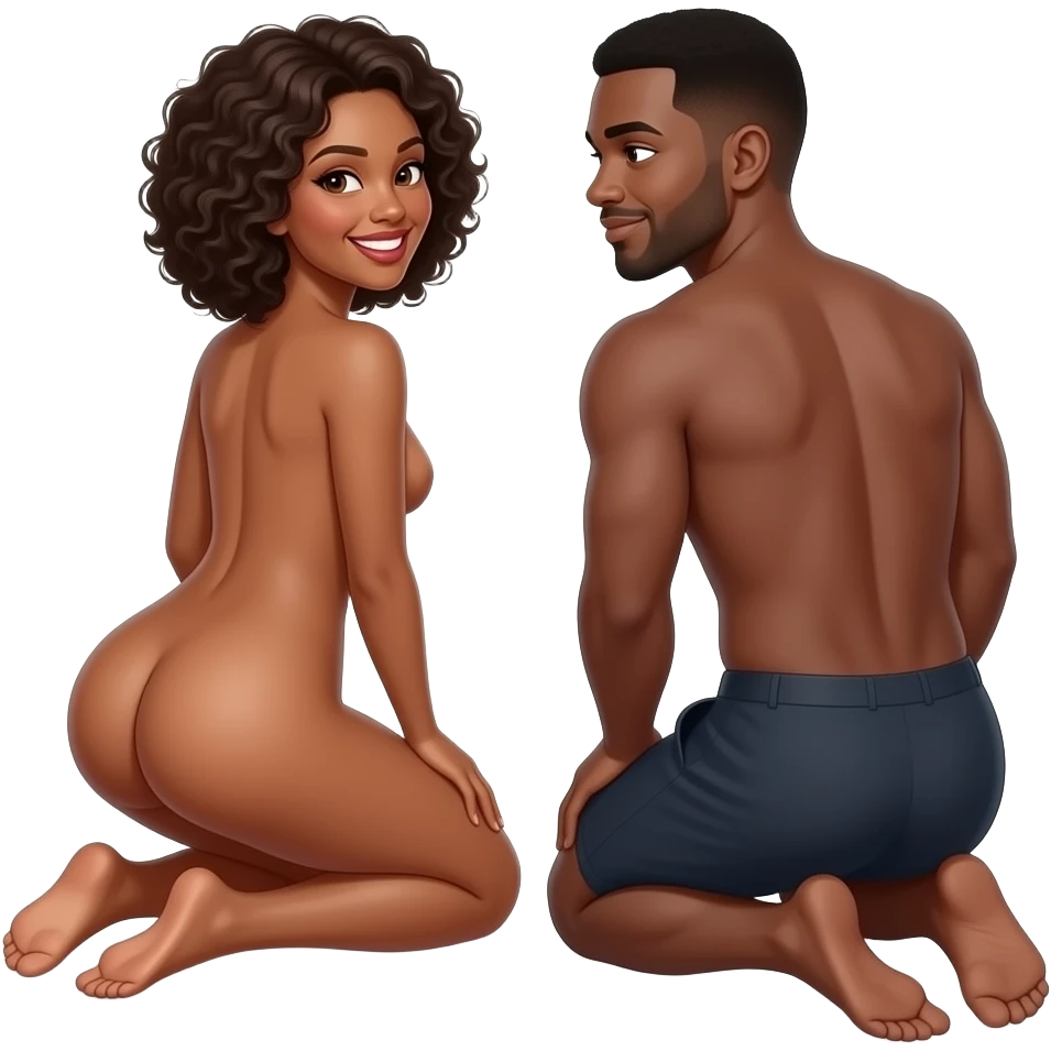 Una mujer sonriendo afroamericana, desnuda de cuerpo completo, culo más grande que cintura, posa de rodillas en posicion de 4 puntos, vista de espalda. Un hombre afroamericano desnudo, con pene erecto en la cara de la mujer desnudo emoji