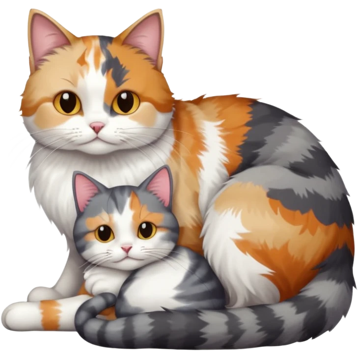 full body colourful light patched calico + white tabby cat cuddling a large grey and white cat  emoji