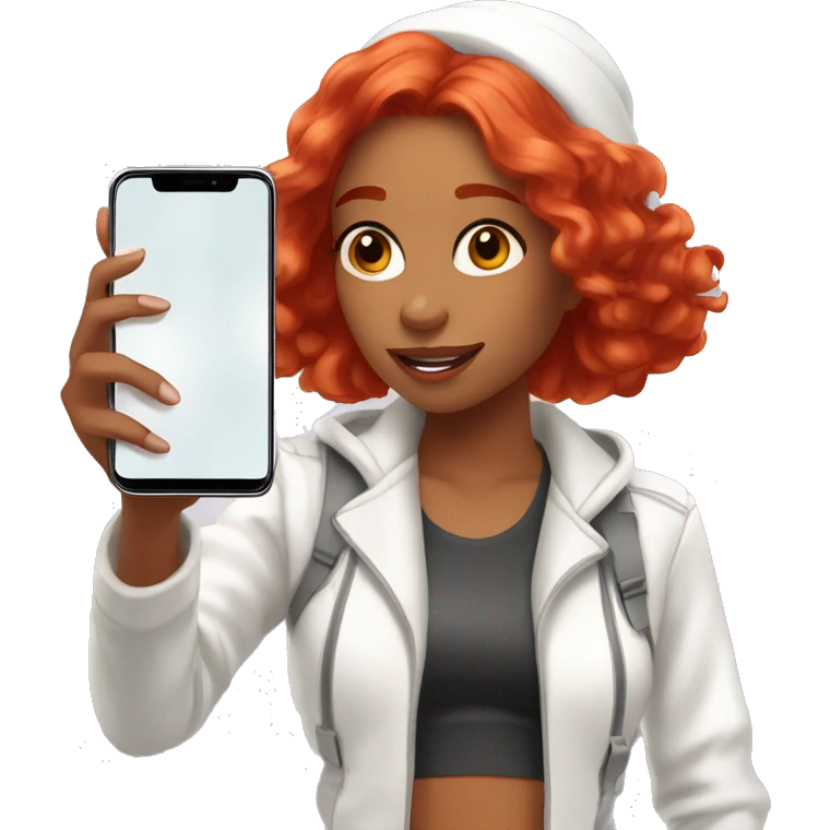 21-Year girl taking selfie in front of mirror. She has bright red hair. The length of her hair is up to shoulders, she wears white body suite and white jacket. She has phone in her hand. Phone has brown case and it's located on her face level emoji