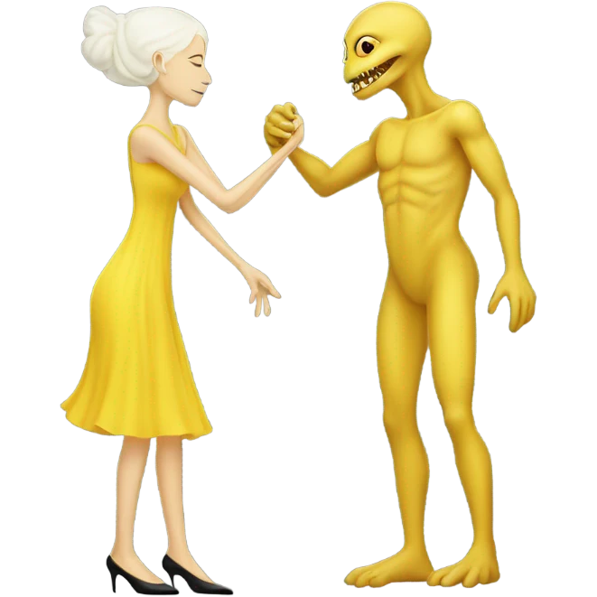 Alien reptilian woman in yellow dress, and, human white skin man in black dress, hugging emoji