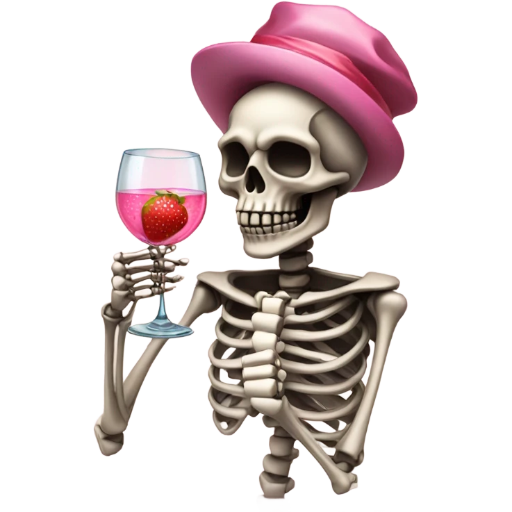 Skeleton sipping pink champagne with strawberries  emoji