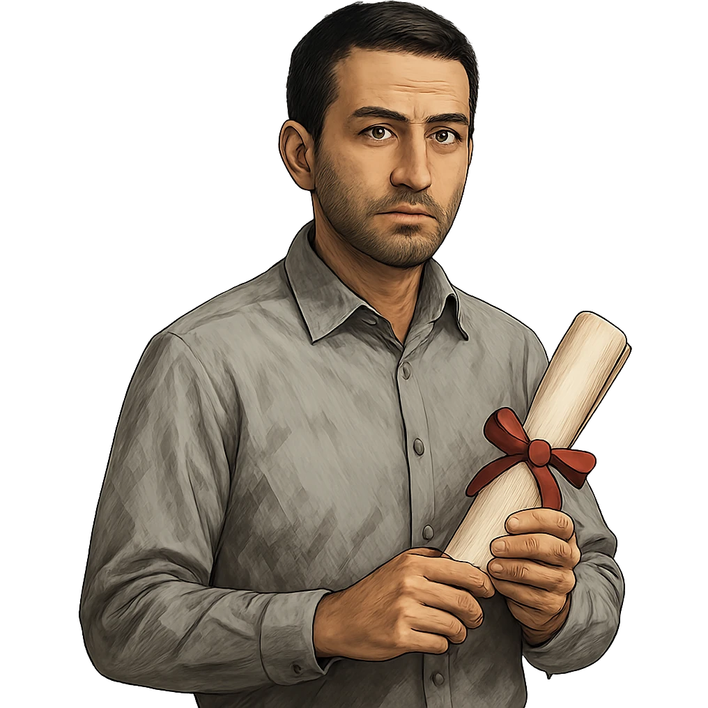 Mediterranean male academic, olive skin, short dark hair, wearing a button-up shirt, holding a diploma, looking intellectual emoji