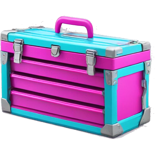 Realistic metallic hot pink and turquoise tool box with top open and purple tools inside of it isolated.  emoji