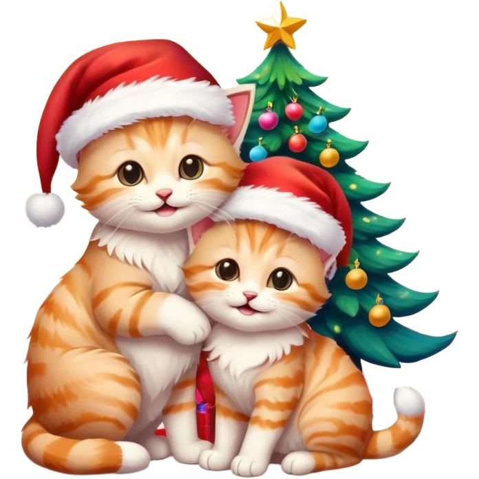 two hugging cream happy fluffy cute smiling kittens with Santa hats by a colorful multicolored brightly lit up Christmas tree emoji