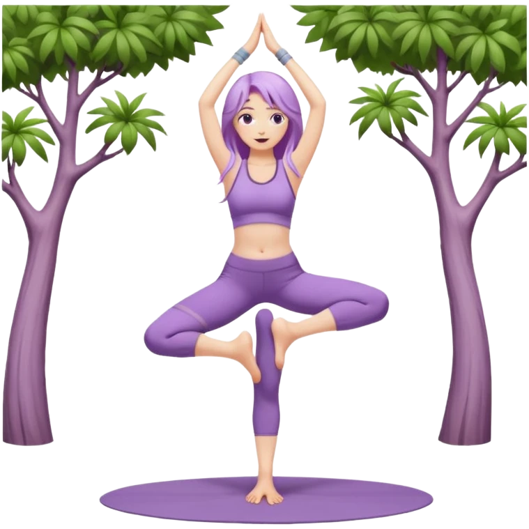 Девушка белокожая, с длинными светло-фиолетовыми волосами, в одежде для йоги, стоит в позе дерева на одной ноге, вторая нога согнута, руки вверху ладонь к ладони, в стиле бимбо пилатес emoji