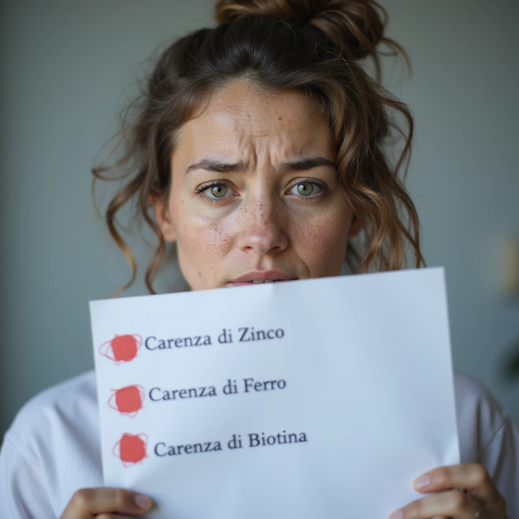 hyperrealistic 4K detailed image of a woman with PCOS, face with acne and chin hair, thin and thinning hair, holding a medical report with clearly visible red highlighted texts 'Carenza di Zinco', 'Carenza di Ferro', 'Carenza di Biotina', worried expression, clinical environment emoji