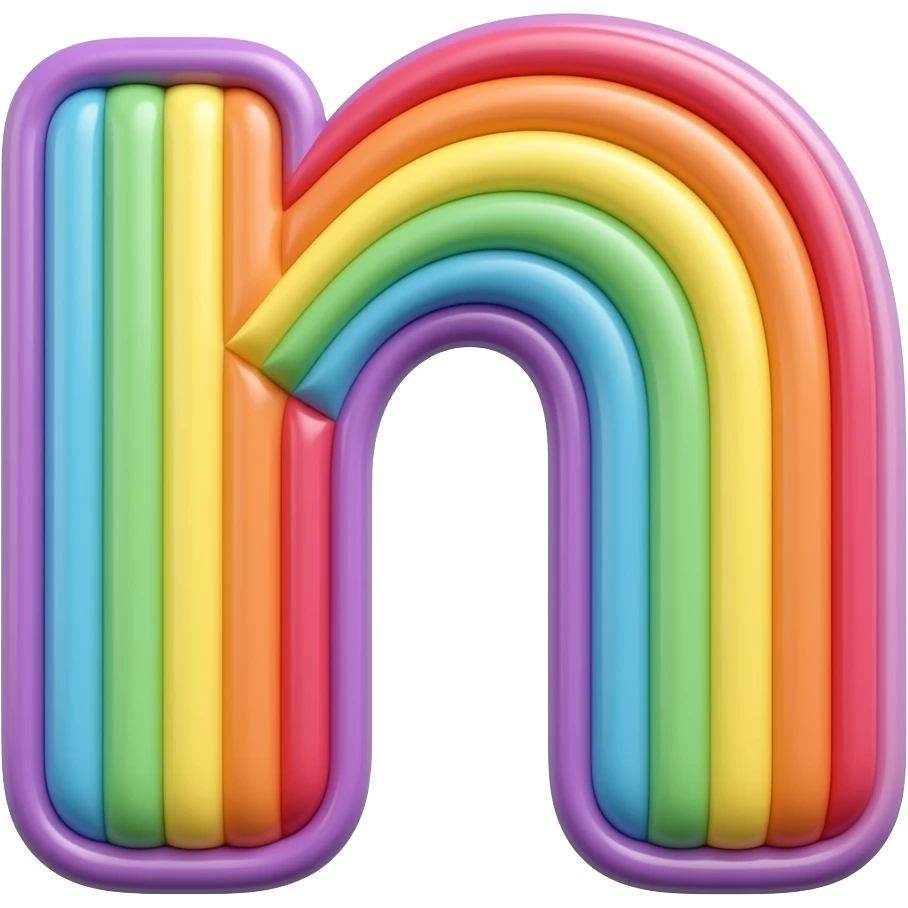 name "n" in blue pink orange 3D style typography lettering, each color of the rainbow as a border outlined around each letter, isolated, 3d rendering, no emoji icons no emoji faces and must have no human figures emoji