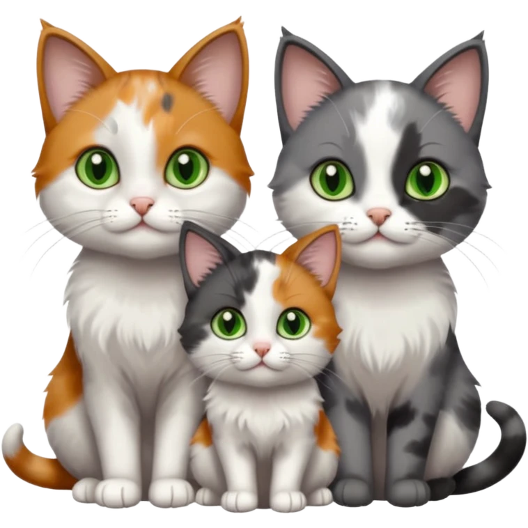 3 different coloured small cats including a dark grey and white, and a patchy calico with hazel eyes and a completely solid dark grey with green eyes and only white paws emoji